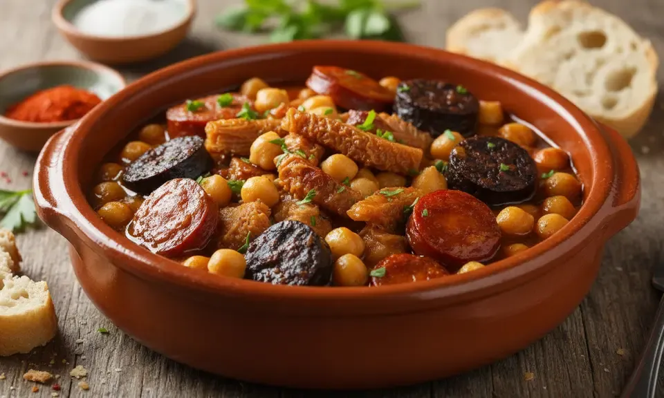 Callos cordobeses servis dans une casserole en terre cuite avec chorizo, morcilla et pois chiches