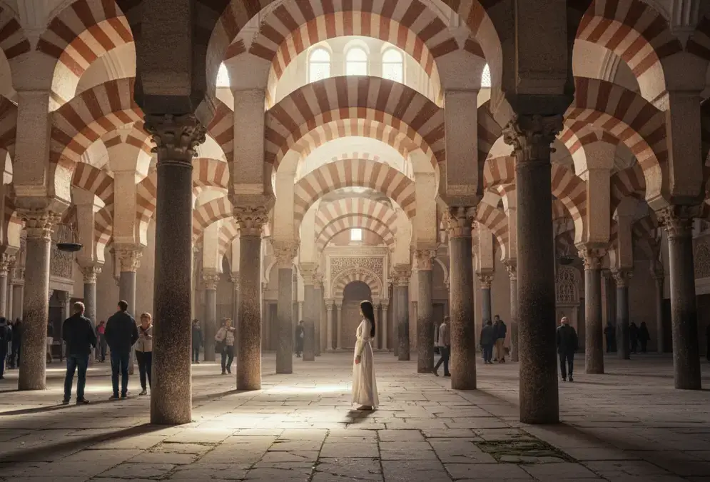 Interieur de la Mezquita de Cordoue avec ses arcs bicolores rouge et blanc