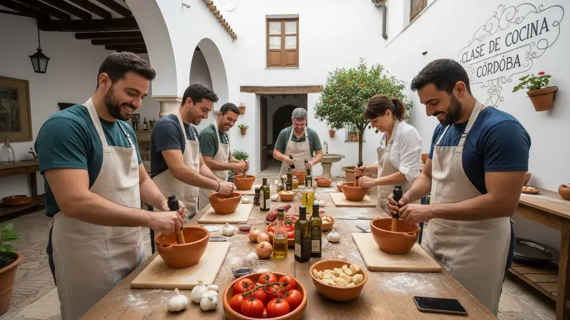 Participants préparant du salmorejo lors d'un cours de cuisine cordouan dans une bodega traditionnelle