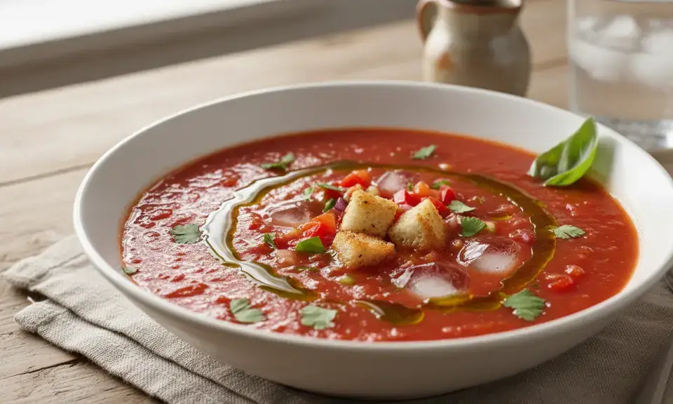 Bol de gazpacho andalou rouge vif servi frais, garni de dés de concombre et poivron