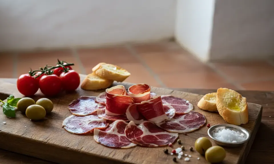 Tranches fines de jamón ibérico bellota sur une planche en bois, gras nacré persillé visible