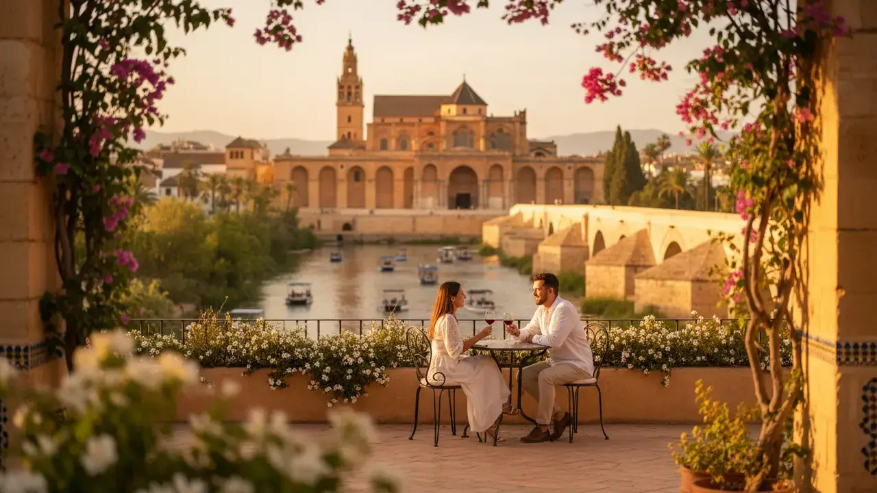 Terrasse ensoleillée à Cordoue avec vue sur la Mezquita et le Guadalquivir en lumière dorée