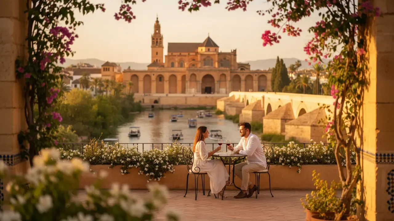 Terrasse ensoleillée à Cordoue avec vue sur la Mezquita et le Guadalquivir en lumière dorée