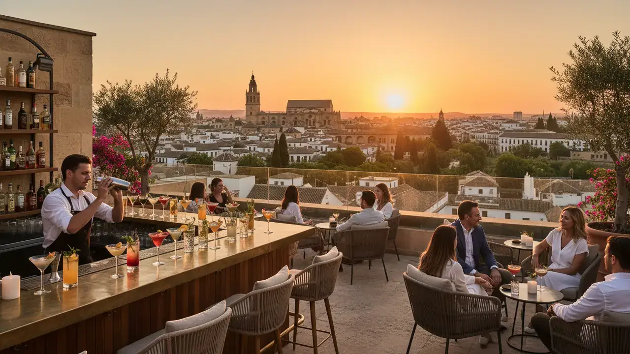 Bar à cocktails sur rooftop à Cordoue au coucher du soleil avec vue panoramique sur la ville historique