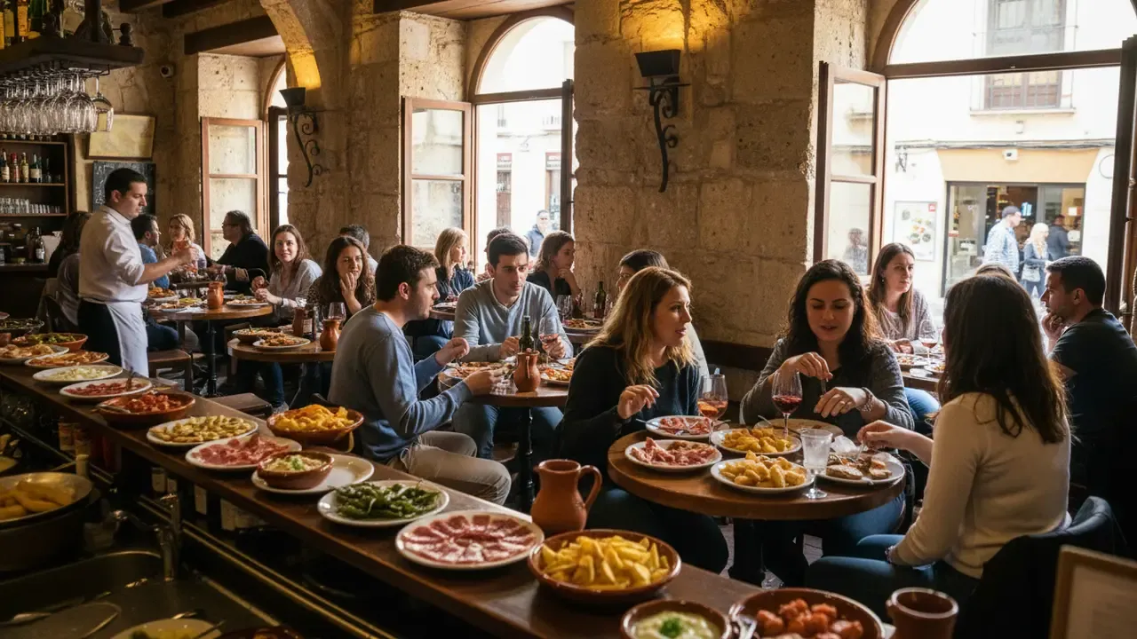 Bar à tapas animé dans le quartier historique de la Judería de Cordoue avec des assiettes de tapas traditionnelles