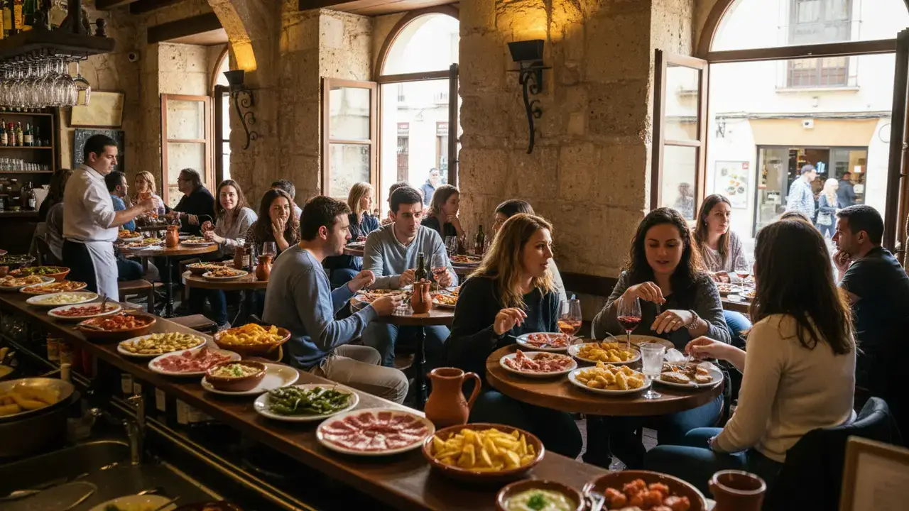 Bar à tapas animé dans le quartier historique de la Judería de Cordoue avec des assiettes de tapas traditionnelles