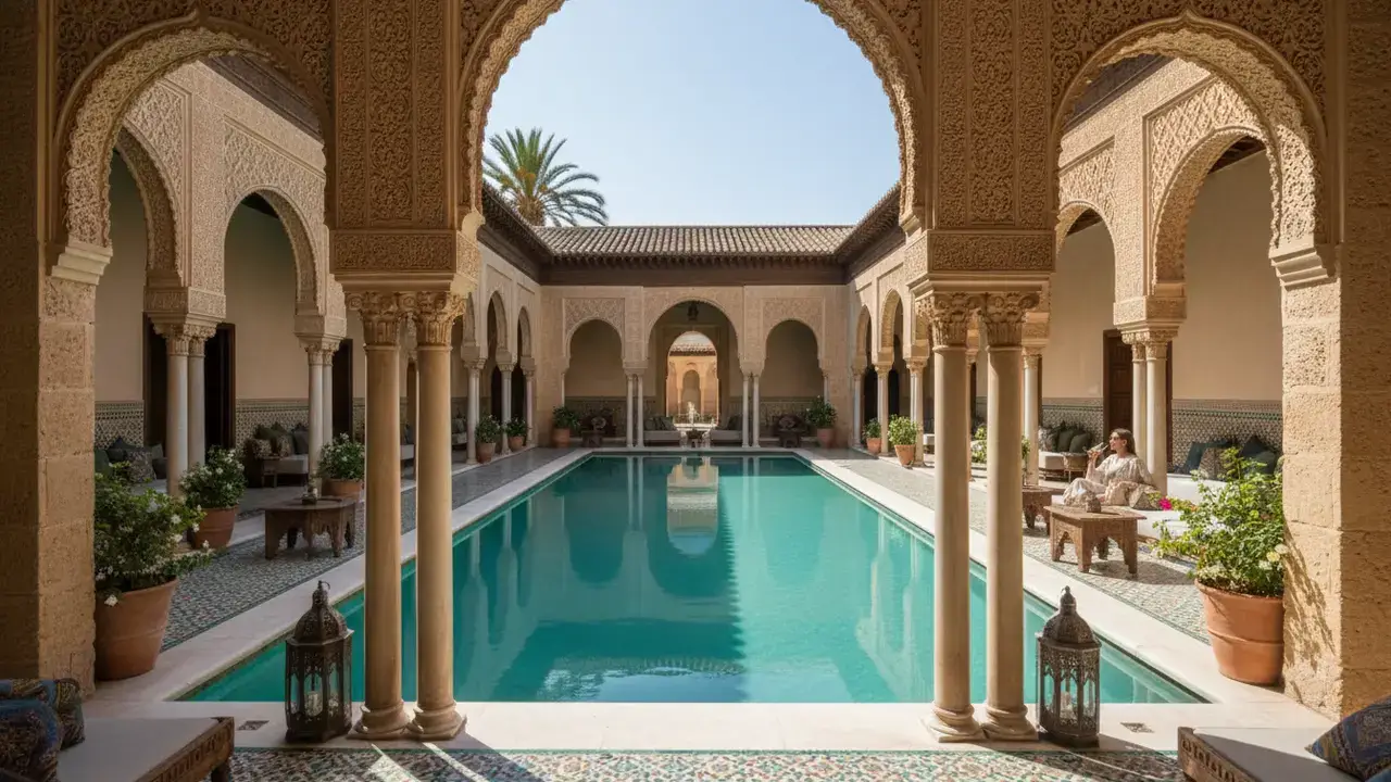 Patio avec piscine d'un hôtel boutique de luxe à Cordoue avec détails architecturaux mauresques