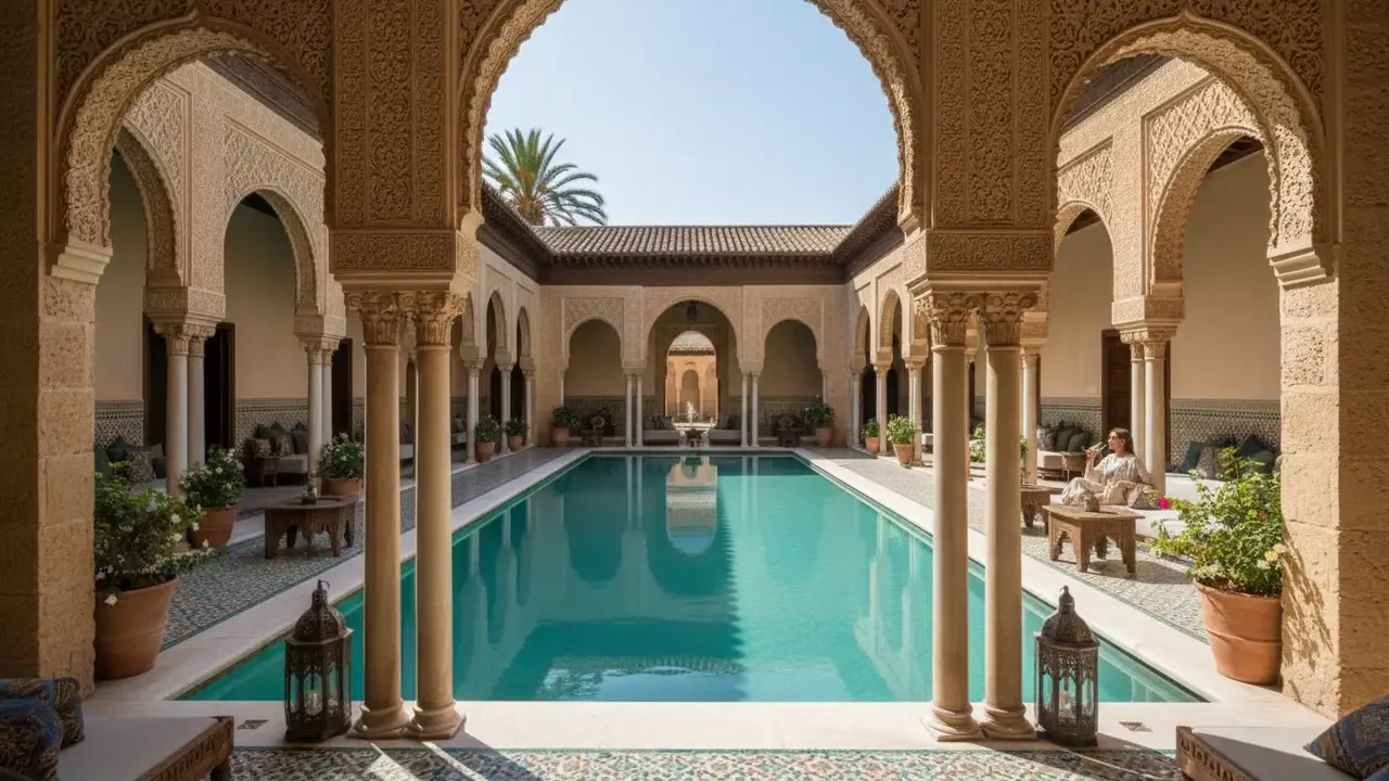 Patio avec piscine d'un hôtel boutique de luxe à Cordoue avec détails architecturaux mauresques