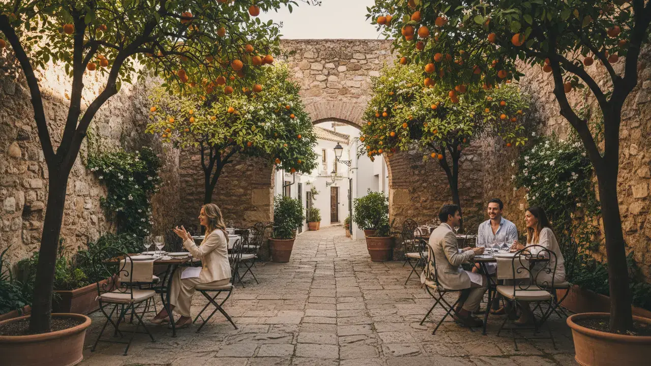 Terrasse de restaurant intimiste dans le quartier juif de Cordoue avec murs en pierre et orangers