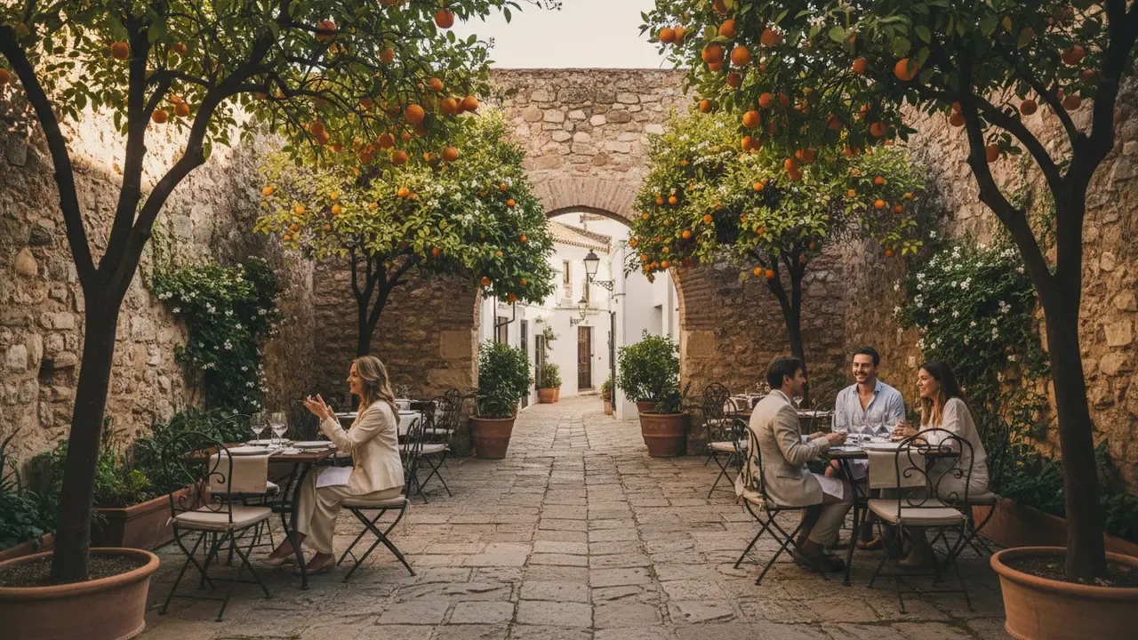 Terrasse de restaurant intimiste dans le quartier juif de Cordoue avec murs en pierre et orangers