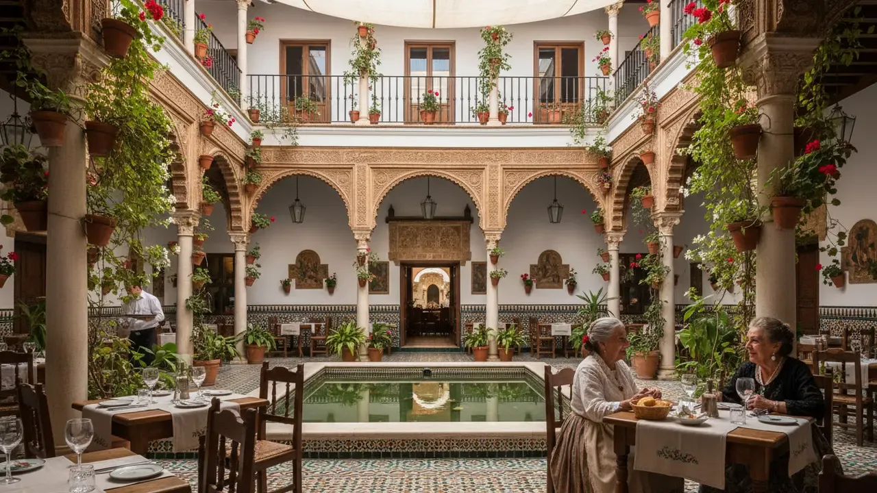 Restaurant andalou traditionnel avec patio intérieur à Cordoue, carreaux de céramique et pots en terre cuite