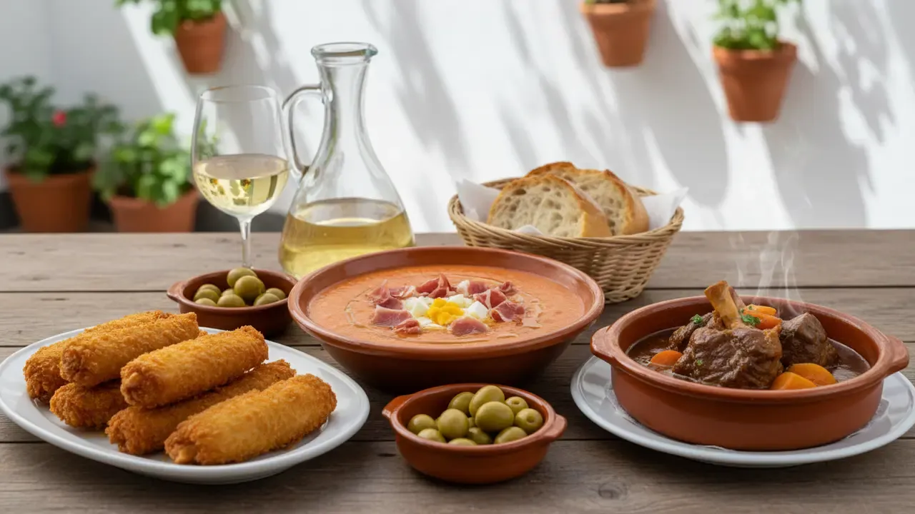 Assortiment de plats traditionnels cordouans dont le salmorejo, le flamenquín et le rabo de toro