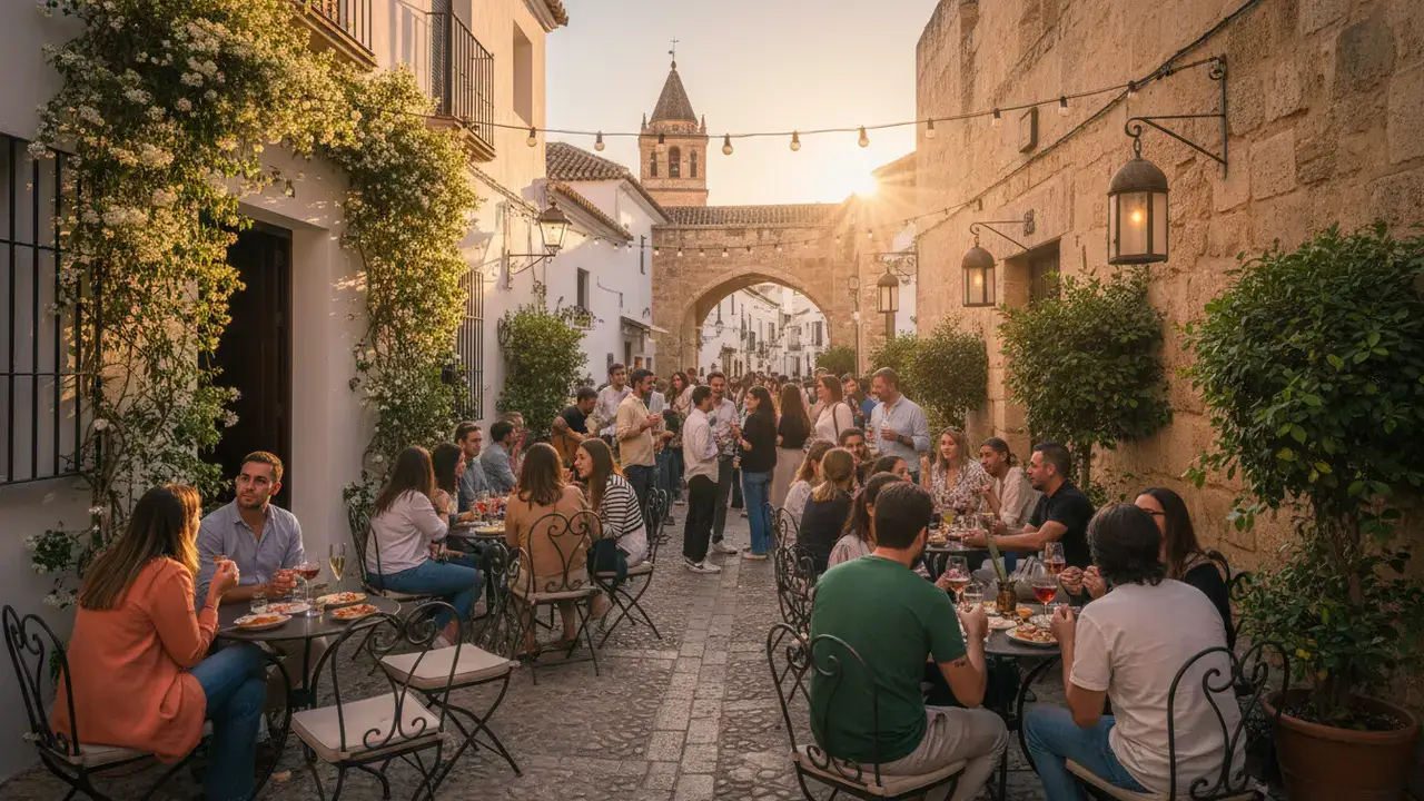 Terrasse animée au coucher du soleil sur une placette pavée de Cordoue avec tapas, bière et clocher d'église en arrière-plan