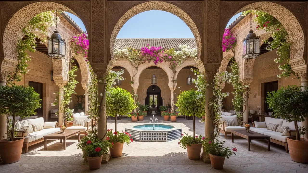 Élégant patio d'hôtel boutique à Cordoue avec arcades mauresques et plantes fleuries