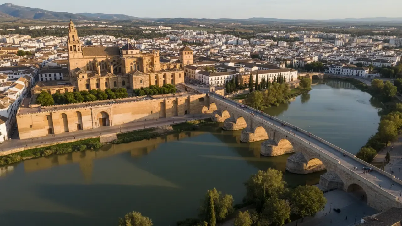 Vue aérienne de la Mezquita-Cathédrale de Cordoue et du Pont Romain sur le Guadalquivir