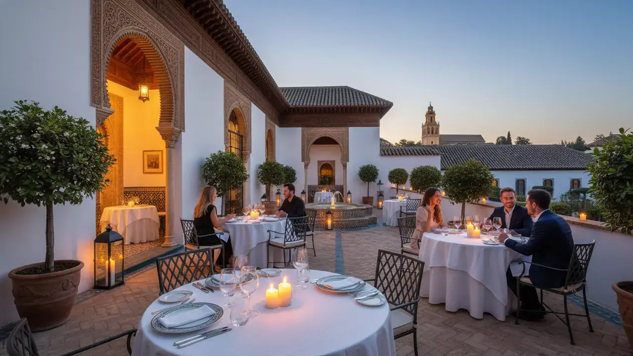 Dîner aux chandelles dans un patio andalou à deux étages avec arcades, fontaine et oliviers à Cordoue