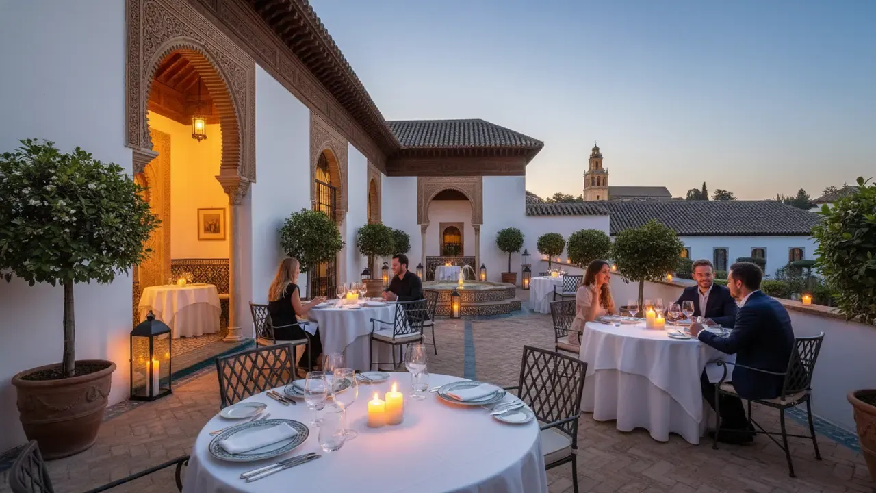 Dîner aux chandelles dans un patio andalou à deux étages avec arcades, fontaine et oliviers à Cordoue