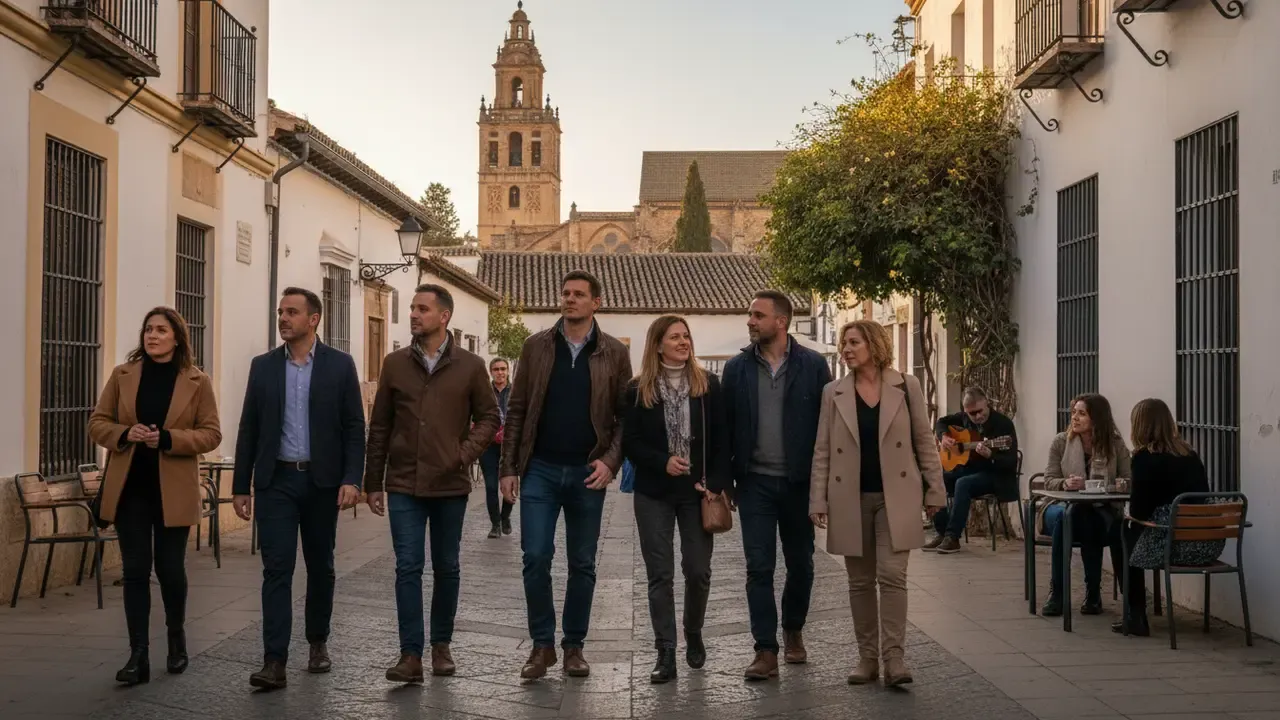 Groupe de visite guidée sur une rue pavée de la Judería de Cordoue avec le guide désignant les façades historiques en pierre