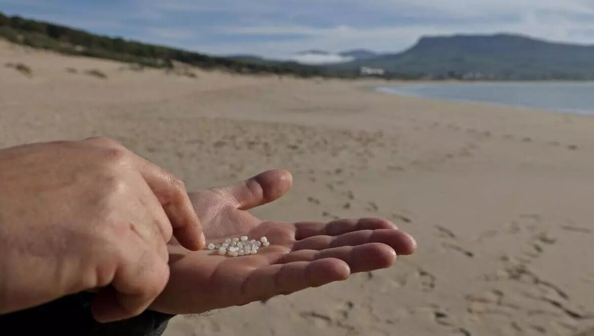 Un hombre recoge los pellets de plástico acumulados en la playa. / Pedro Puente Hoyos/EFE