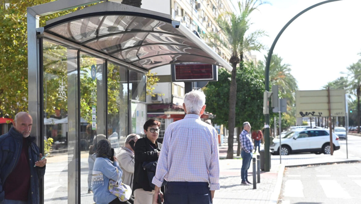 Varias personas esperan la llegada de un autobús de Aucorsa en una parada / Juan Ayala