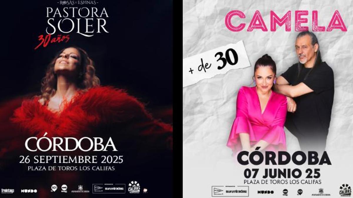 Carteles de los conciertos de Pastora Soler y Camela en Córdoba.