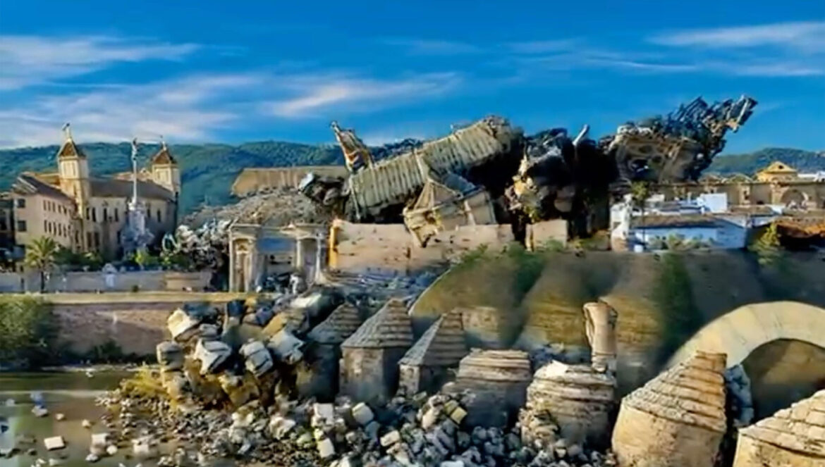 Secuencia del vídeo creado con IA con la Mezquita-Catedral y el Puente Romano de Córdoba destruidos / Redes Sofía Martínez