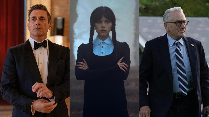 De izquierda a derecha, Jon Hamm en 'Your friends and neighbors', Jenna Ortega en la segunda temporada de 'Miércoles', y Robert De Niro en 'Día cero' / Archivo