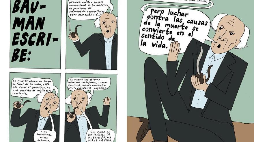 Viñetas de 'La voz del oráculo', el cómic de Liv Strömquist, en las que aparece el pensador Zygmut Bauman. / Reservoir Books