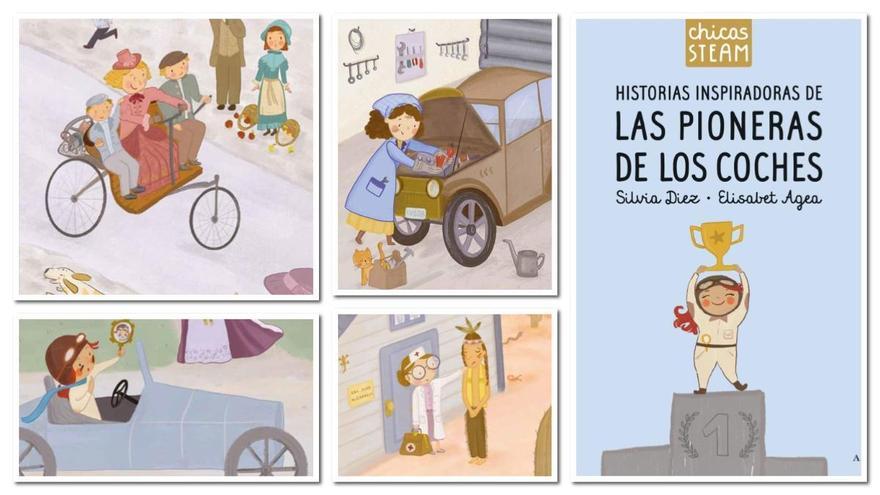 Ilustraciones y portada del libro 'Las pioneras de los coches'. / Editorial Alba