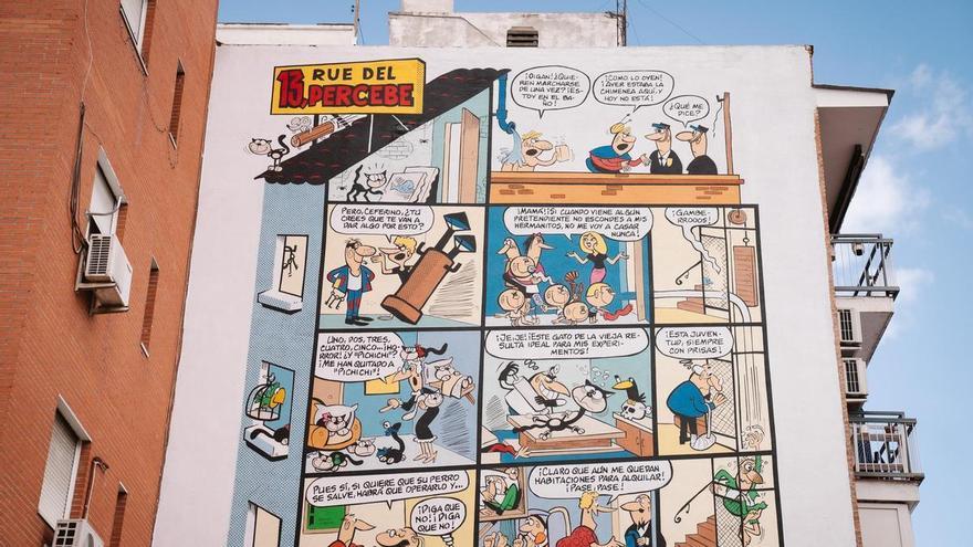 El mural de '13 Rue del Percebe' que los artistas NSN997 y Kerudekolorz han pintado en homenaje a Ibáñez en Carabanchel. / / ALBA VIGARAY
