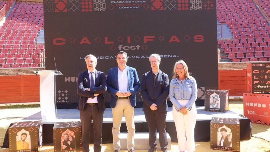 Rafael Centeno, José María Bellido, Daniel Rodríguez e Isabel Albás, en la plaza de toros, presentando el Califas Fest 2025 / VICTOR CASTRO