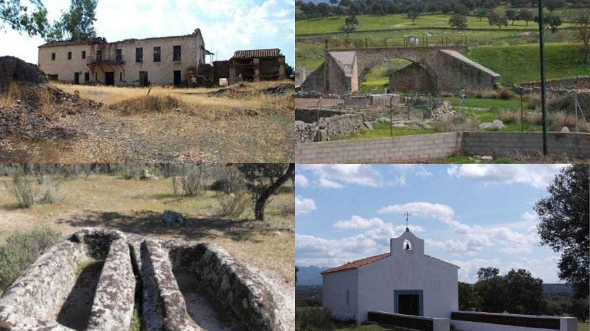 De izda. a drcha: Minas de bismuto, Mirador Puente del Triángulo, tumbas mozárabes antiguas y Ermita de San Gregorio de Conquista / Ayuntamiento de Conquista
