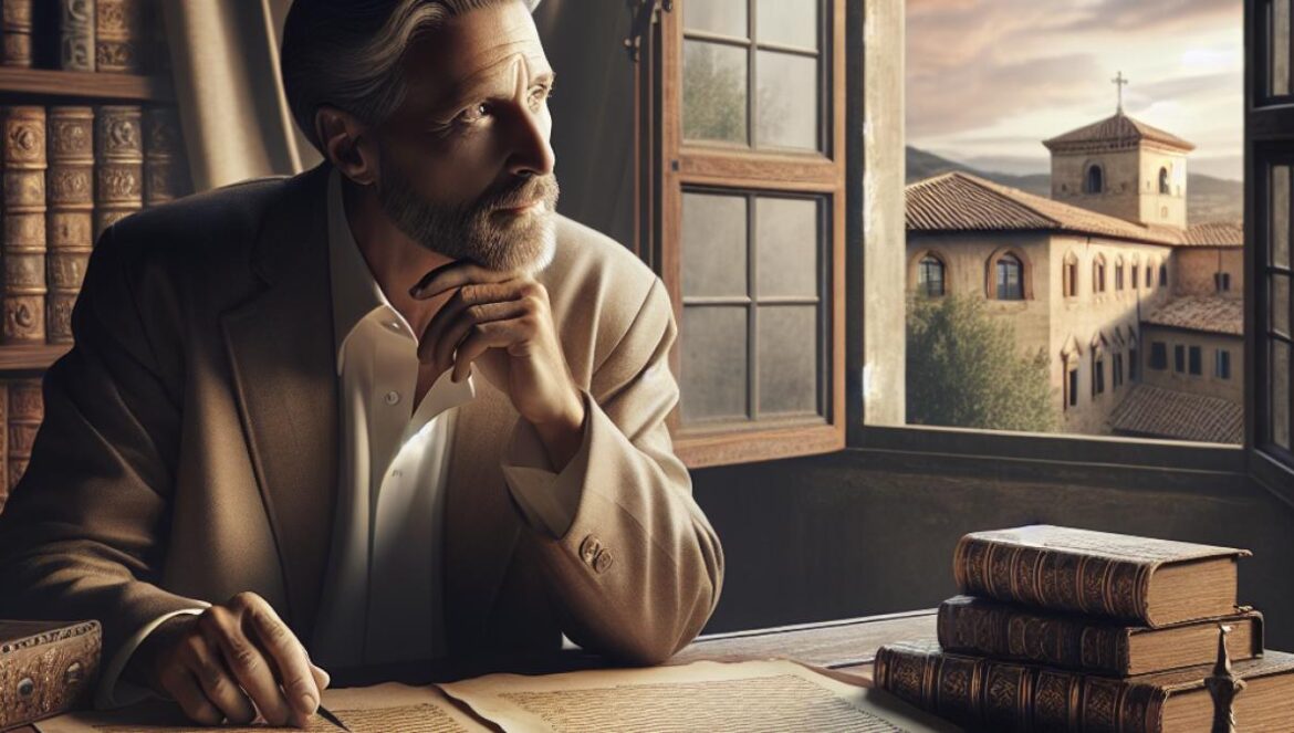 Jean Reno assis à un bureau en bois, entouré de manuscrits et de livres anciens, regardant pensivement par une fenêtre ouverte sur un ciel méditerranéen, photorealistic editorial style, douce lumière du soir, ambiance chaleureuse mêlant nostalgie et créativité.