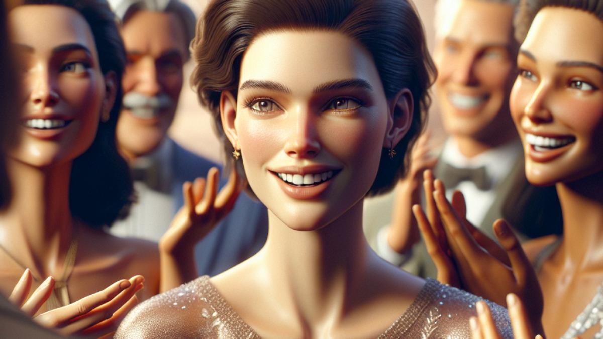 A photorealistic editorial portrait of Charline Lerey during a candid backstage moment at a Miss France reunion event, surrounded by other former contestants offering supportive gestures, warm natural lighting highlighting genuine smiles and emotion, elegant evening dresses in a softly decorated room.