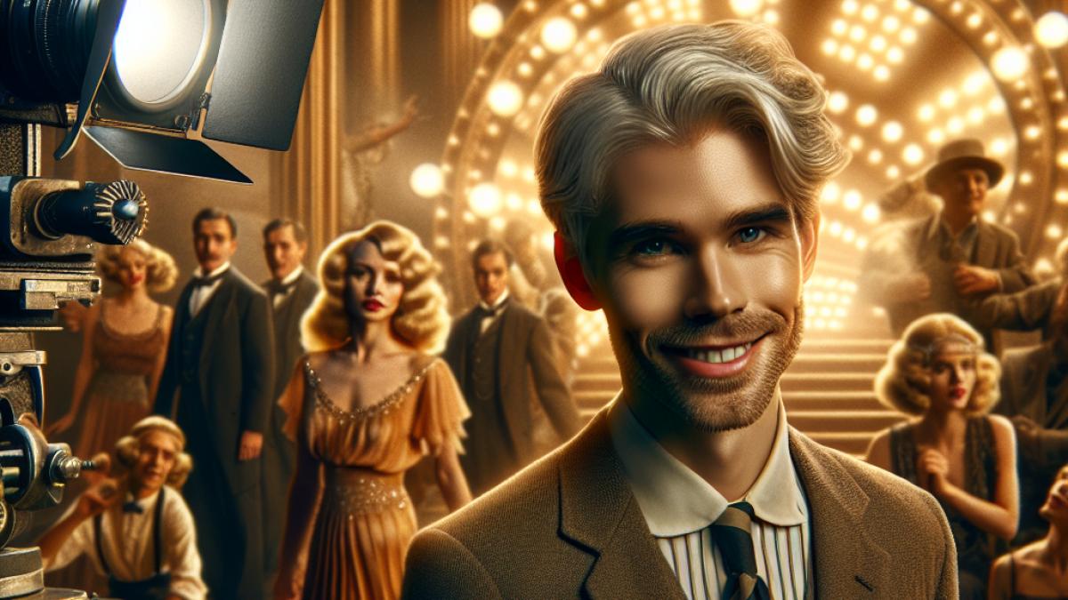 Margot Robbie and Brad Pitt on a grand 1920s Hollywood movie set, surrounded by vintage cameras and extras in glamorous costumes, photorealistic editorial style, warm nostalgic lighting, capturing the chaos and opulence of early cinema.