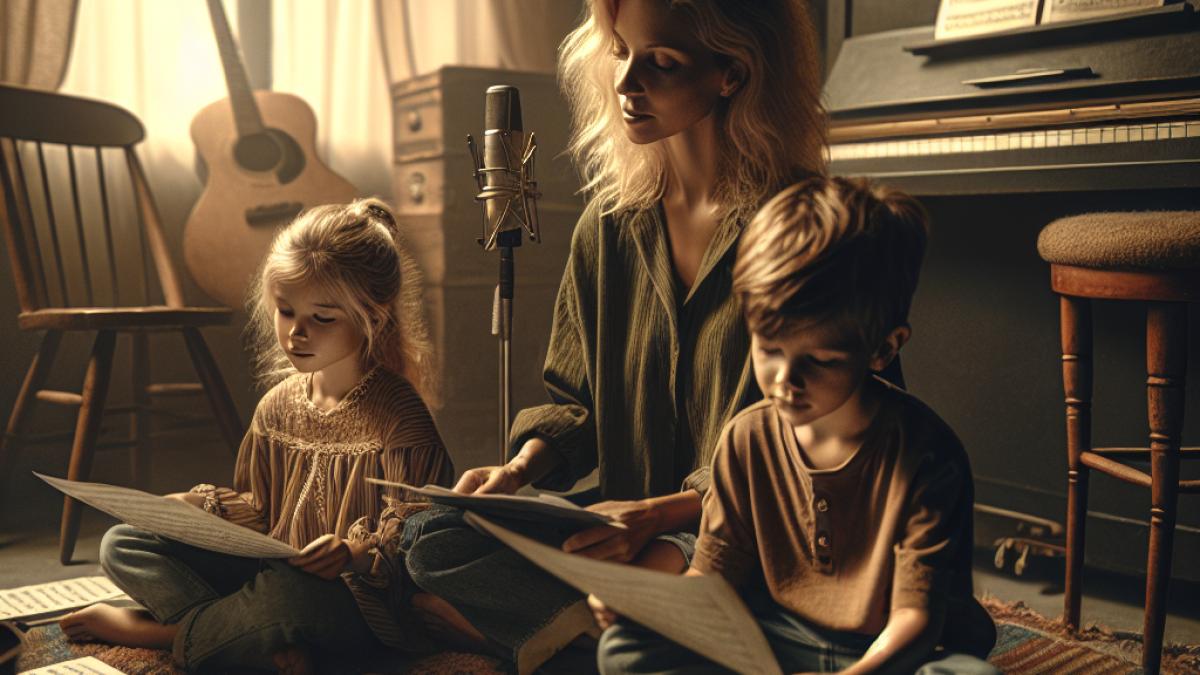 Vanessa Paradis entourée de ses deux enfants, Lily-Rose et Jack Depp, dans un studio d’enregistrement chaleureux, ambiance feutrée, lumière naturelle filtrant par une grande fenêtre, instruments vintage disséminés autour d’eux, chacun concentré sur sa partition.