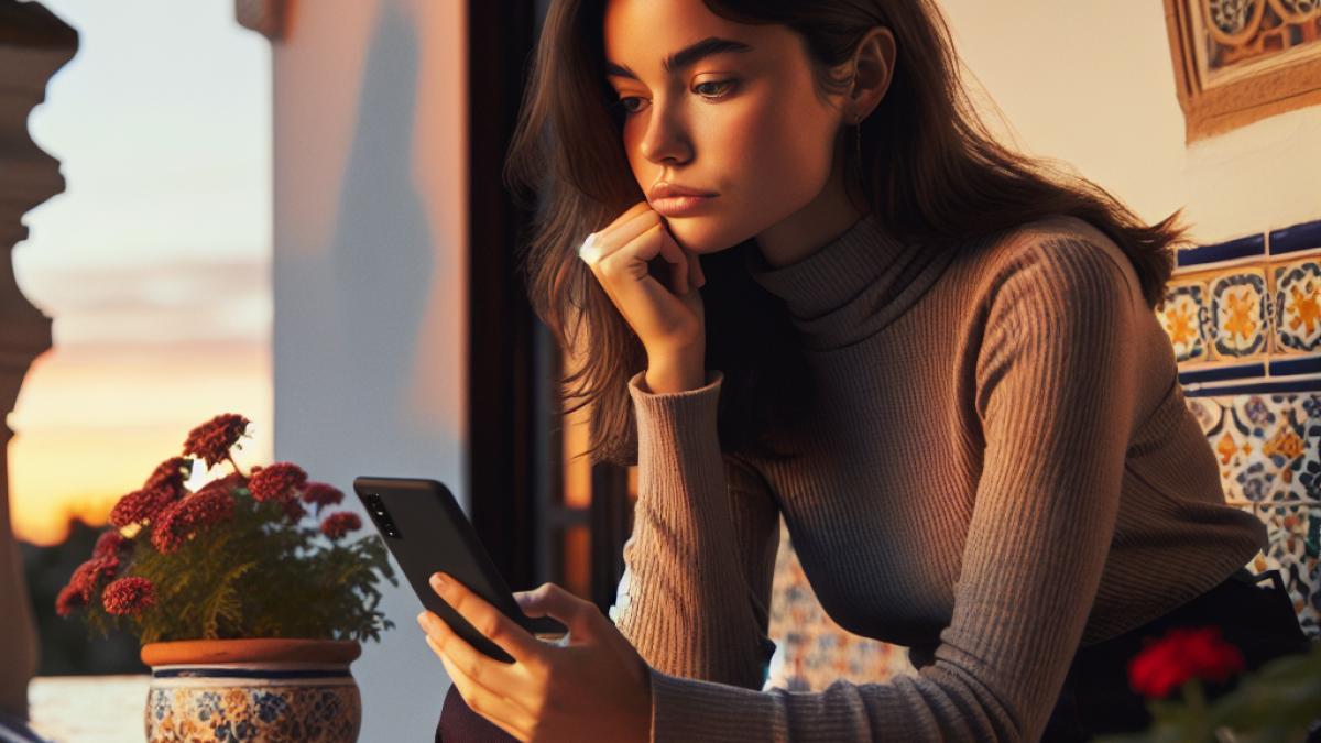 A thoughtful young woman sitting on a traditional Andalusian balcony at dusk, looking at her smartphone with a concerned expression, realistic style, gentle warm light, details include intricate Moorish tiles and blooming potted flowers.