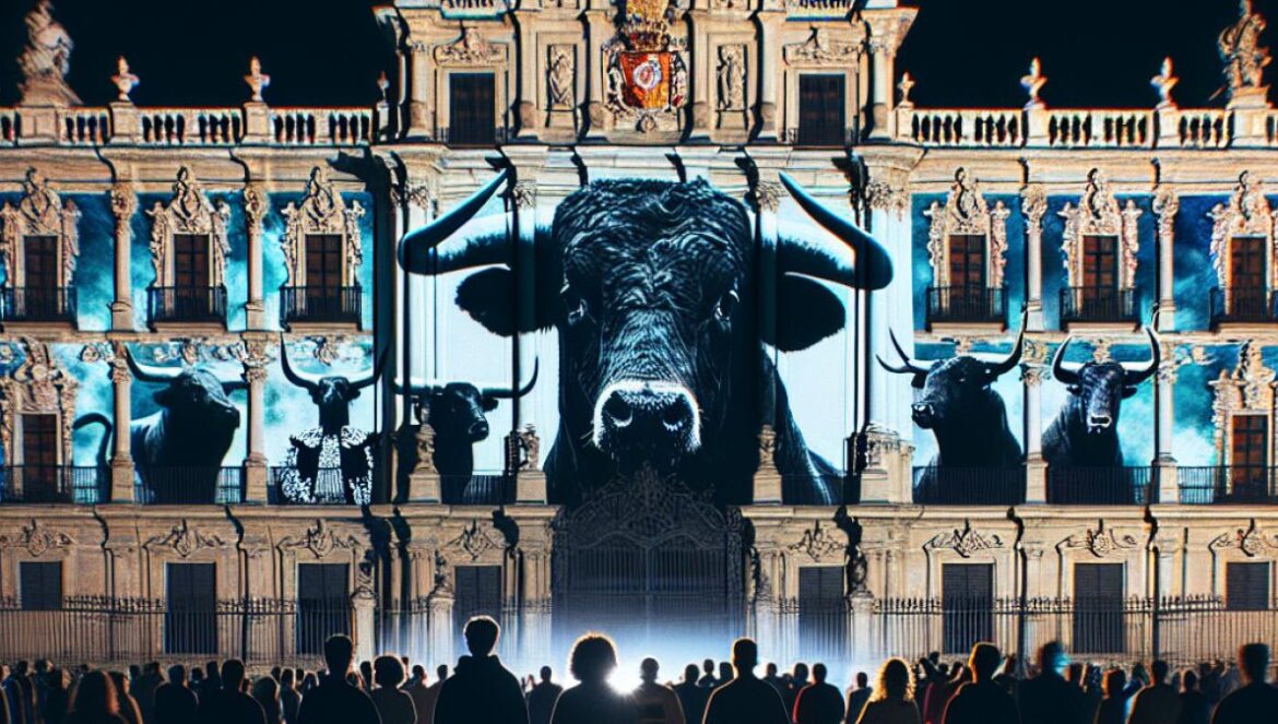 The facade of the Apostolic Palace at night, illuminated by projected images and bold messages against bullfighting, photorealistic style, contemplative mood, silhouettes of activists in the foreground and the grandeur of Vatican architecture under dramatic lighting.