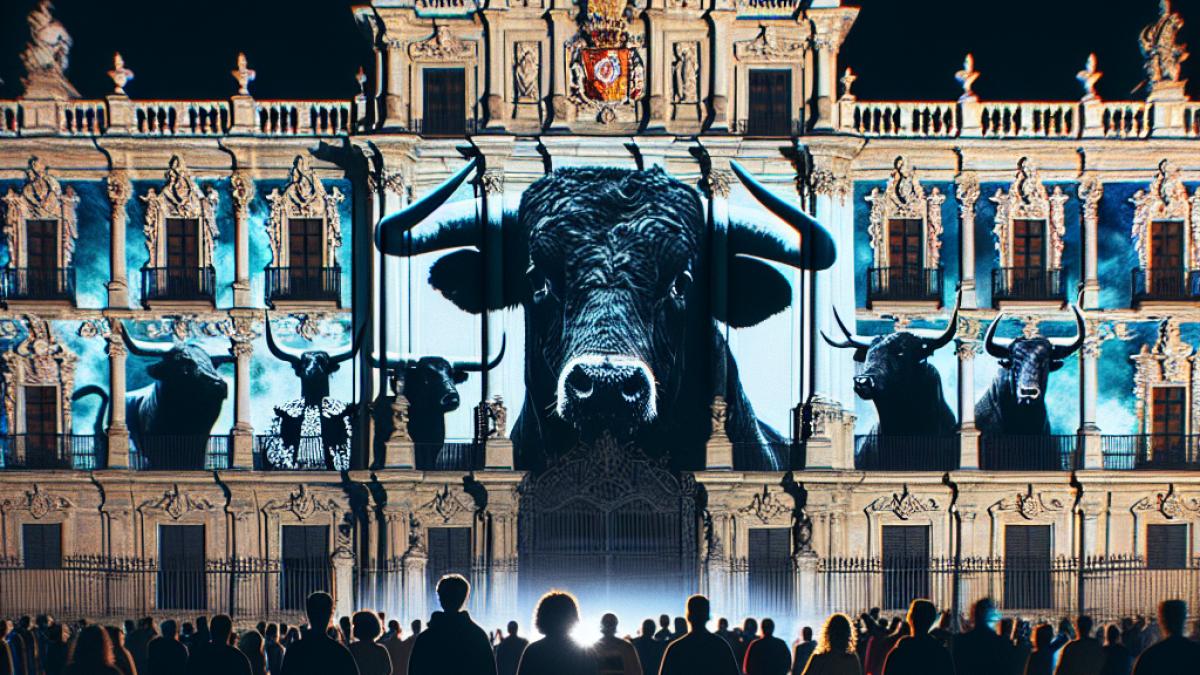 The facade of the Apostolic Palace at night, illuminated by projected images and bold messages against bullfighting, photorealistic style, contemplative mood, silhouettes of activists in the foreground and the grandeur of Vatican architecture under dramatic lighting.