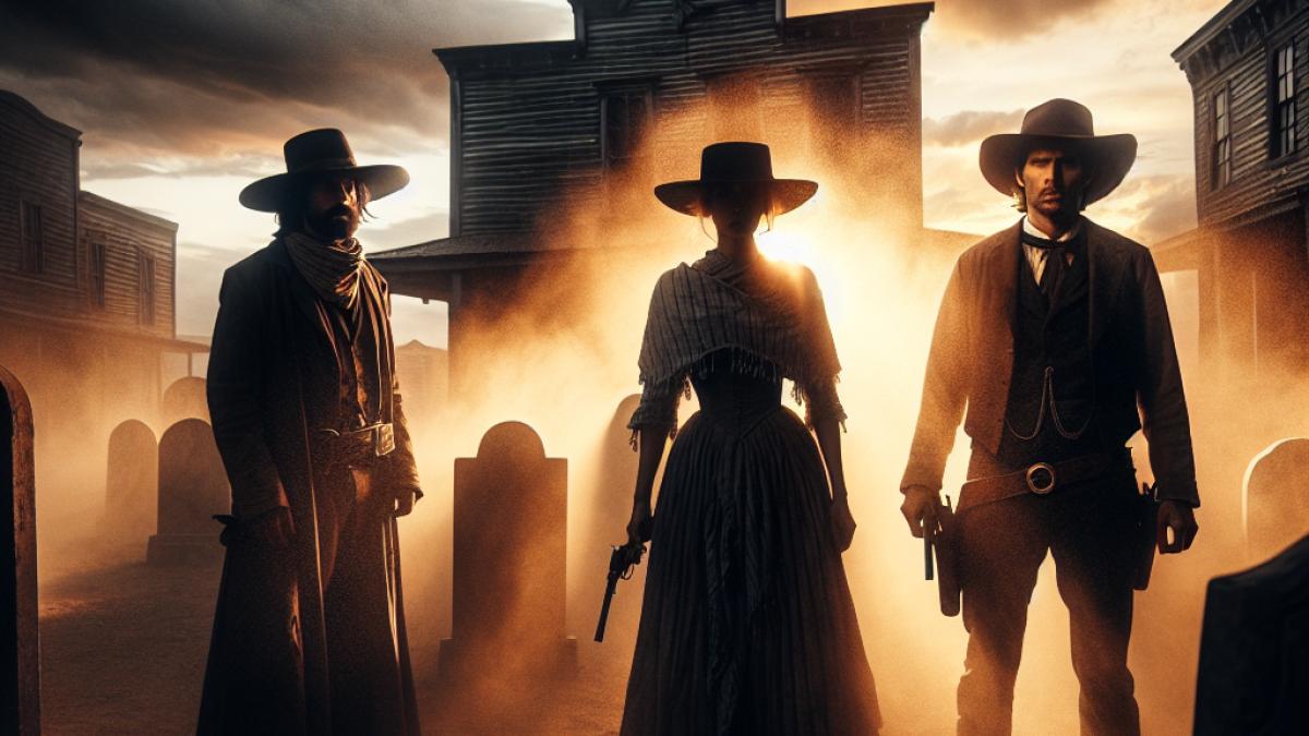 A cinematic showdown in an old Western cemetery at sunset, three intense figures with hats and dusters facing each other, hyper-realistic style, dramatic lighting with long shadows and swirling dust, inspired by Sergio Leone's iconic framing.