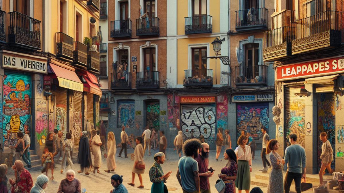 A lively urban plaza in Lavapiés, Madrid, with a mix of local residents and tourists, small shopfronts, visible street art, subtle signs of neglect like litter or graffiti, late afternoon sunlight casting warm tones over historic facades and bustling sidewalks.