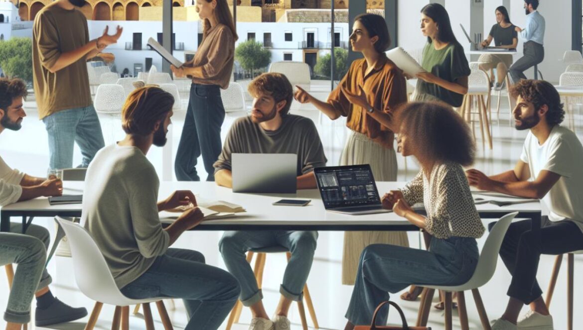 A group of passionate filmmakers gathered in a bright, modern coworking space in Córdoba, Spain, photorealistic editorial style, energetic atmosphere, film scripts and laptops on the table, subtle backdrop of the Mezquita-Catedral seen through large windows.