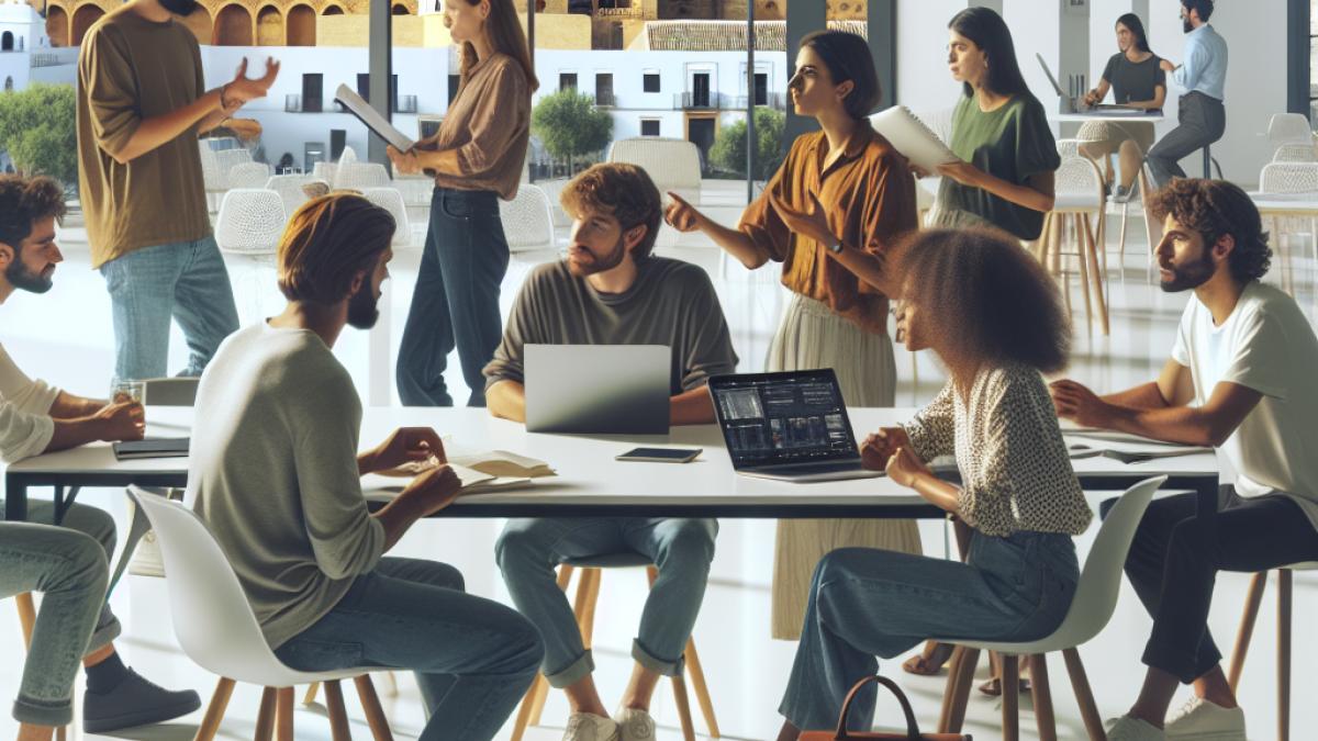 A group of passionate filmmakers gathered in a bright, modern coworking space in Córdoba, Spain, photorealistic editorial style, energetic atmosphere, film scripts and laptops on the table, subtle backdrop of the Mezquita-Catedral seen through large windows.