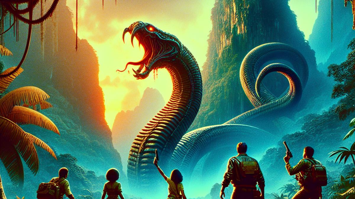 A dynamic 1980s Asian jungle adventure scene featuring a group of heroes facing monstrous worm-like creatures, explosive action and mystical elements, cinematic style with high contrast lighting and saturated colors, details evoking classic adventure and horror films.