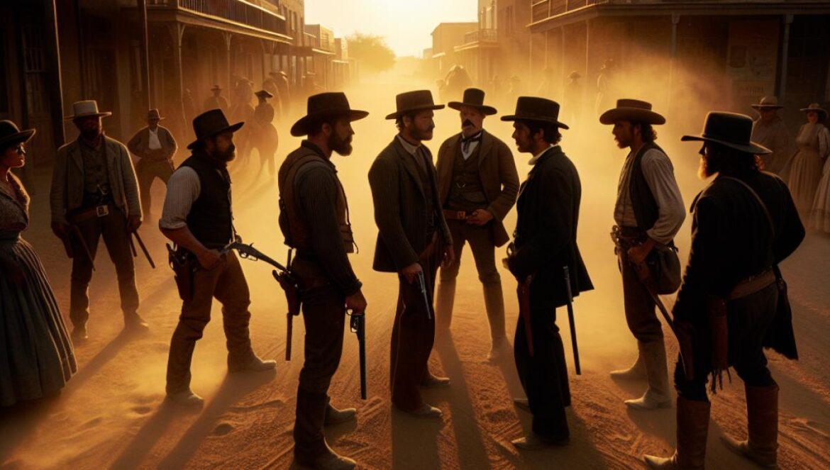 A tense standoff in a dusty Mexican border town at sunset, characters in rugged early 20th-century western attire facing each other, cinematic realism style, dramatic lighting with long shadows and swirling dust clouds hinting at imminent conflict.