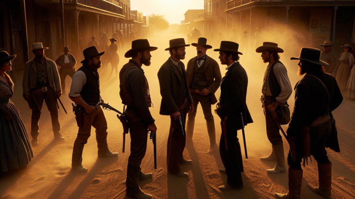A tense standoff in a dusty Mexican border town at sunset, characters in rugged early 20th-century western attire facing each other, cinematic realism style, dramatic lighting with long shadows and swirling dust clouds hinting at imminent conflict.