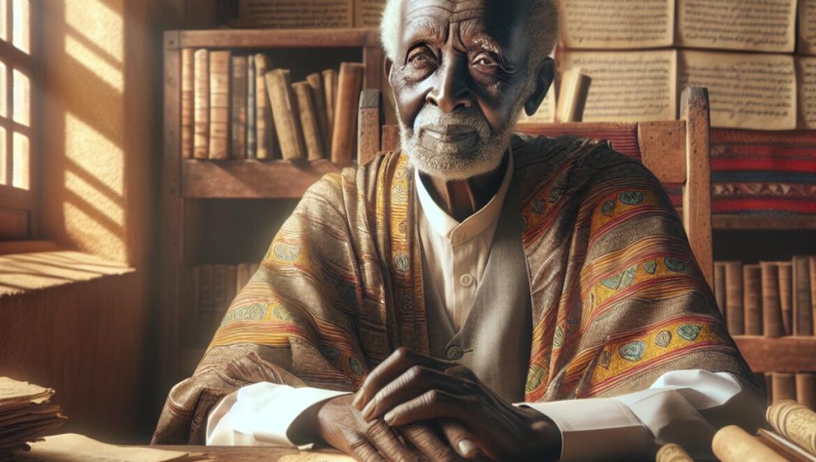 An elderly African man with wise, thoughtful eyes, surrounded by books in Gikuyu and English, seated at a wooden desk covered in handwritten manuscripts and traditional Kenyan textiles, photorealistic editorial style, warm afternoon light streaming through a university office window.