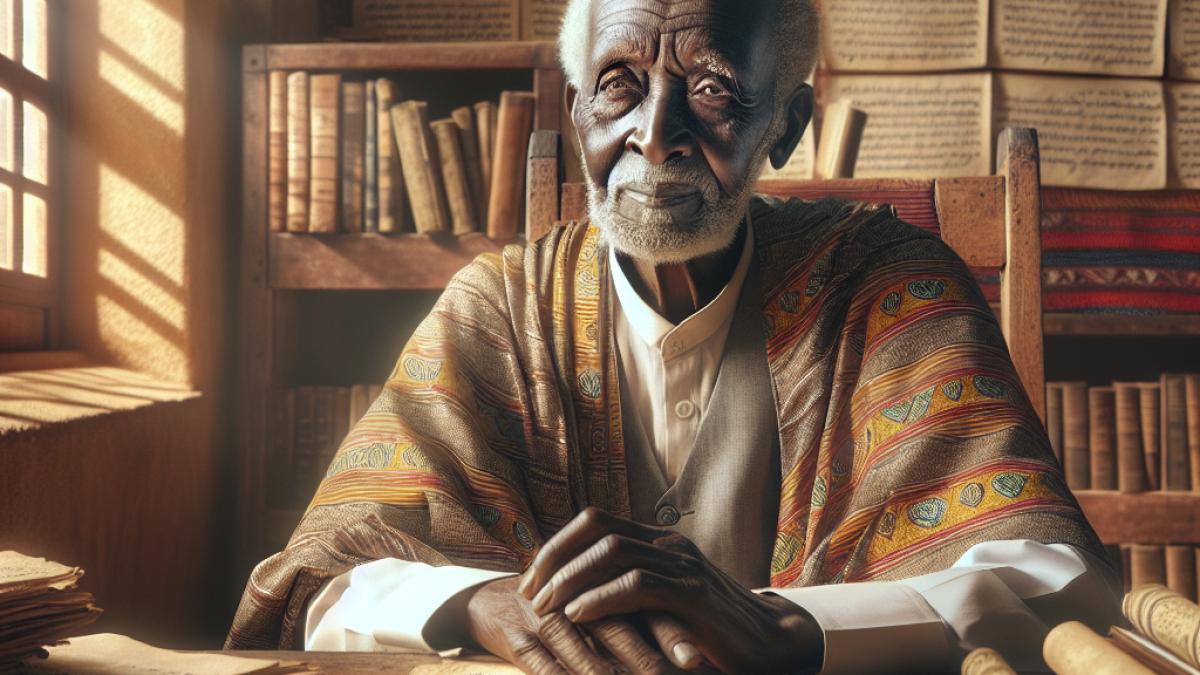 An elderly African man with wise, thoughtful eyes, surrounded by books in Gikuyu and English, seated at a wooden desk covered in handwritten manuscripts and traditional Kenyan textiles, photorealistic editorial style, warm afternoon light streaming through a university office window.