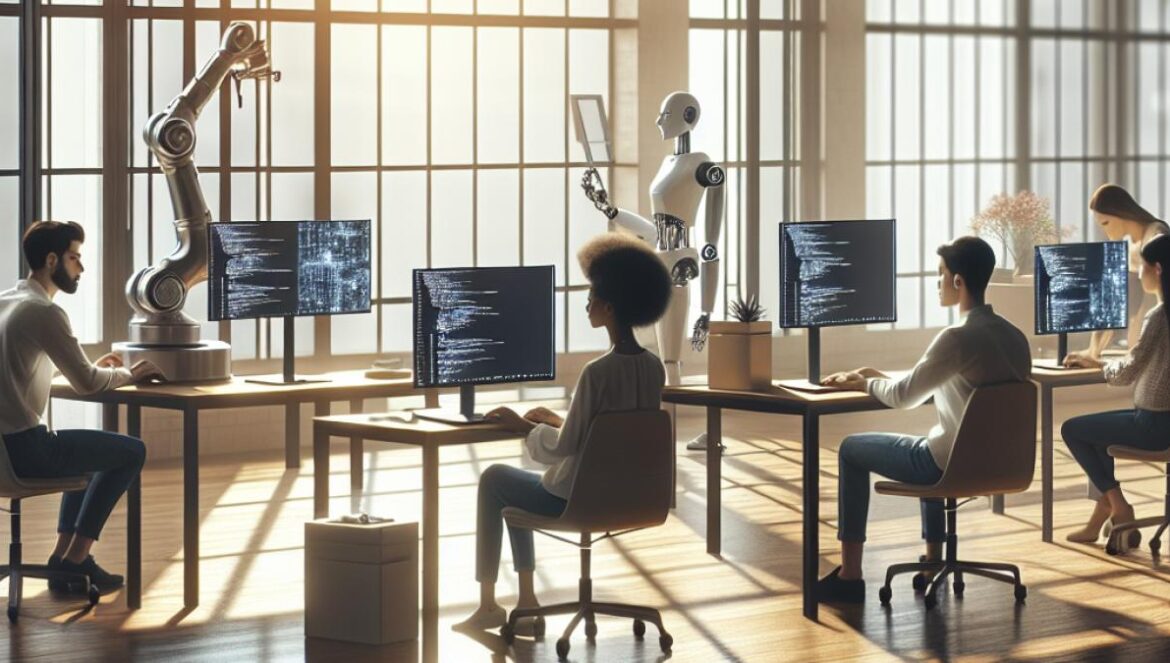 A modern open office space with a few employees working at computers, one workstation empty except for a robot arm and a laptop screen showing AI code, photorealistic editorial style, natural daylight through large windows, atmosphere of uncertainty and reflection.