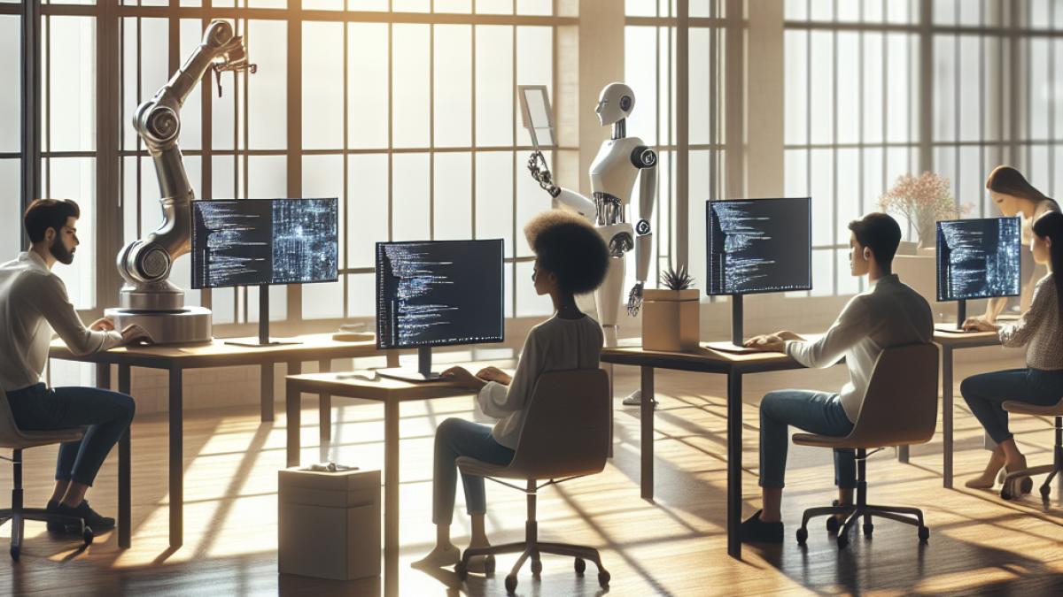 A modern open office space with a few employees working at computers, one workstation empty except for a robot arm and a laptop screen showing AI code, photorealistic editorial style, natural daylight through large windows, atmosphere of uncertainty and reflection.